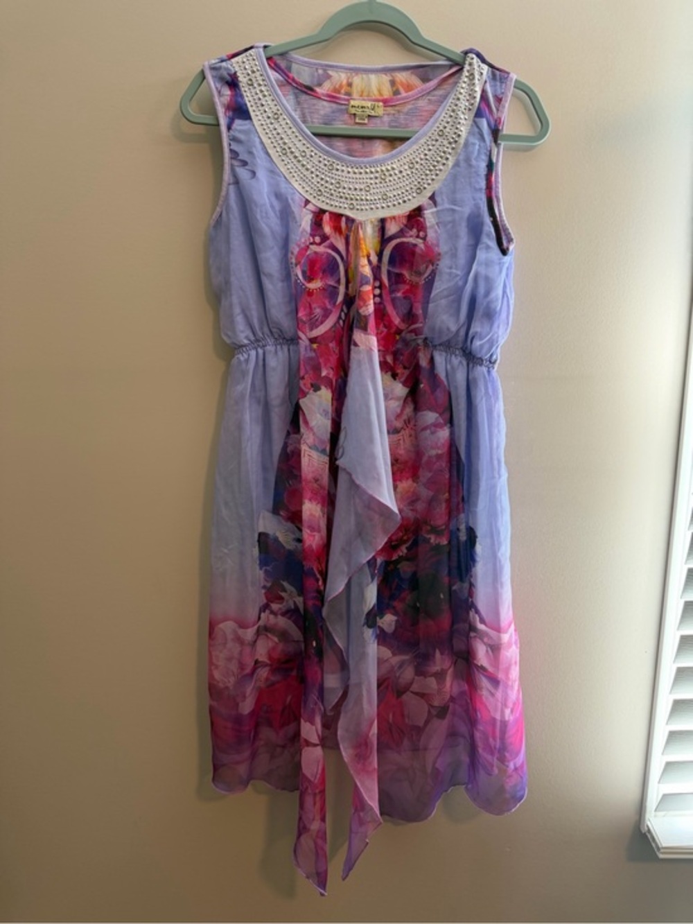 ONE WORLD Lavender and Pink Floral Chiffon Dress with Beaded Neckline